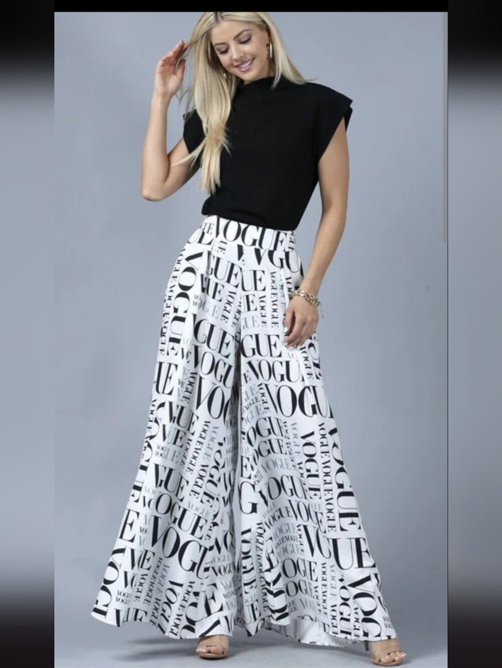 High-Waist Wide Leg Palazzo Pants in Black & White Typography. (Vogue) ...